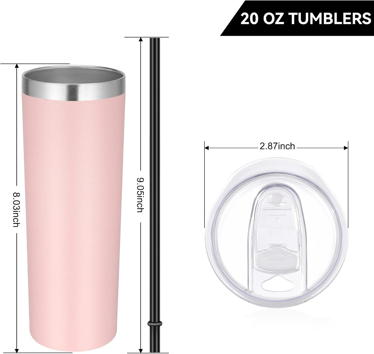 VEGOND Stainless Steel Tumblers Bulk 6 Pack, 20 oz Vacuum Insulated Skinny Tumblers with Lid and Straw, Double Wall Coffee Mug, Travel Water Cup, Light Pink