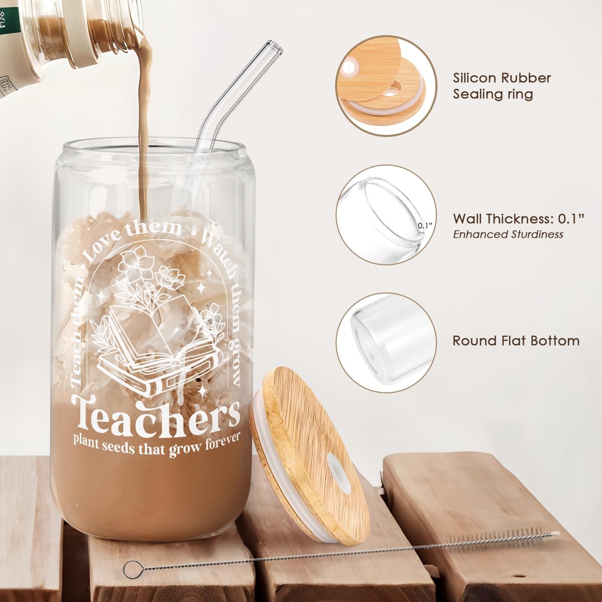 SANDJEST Teacher Glass Can, Teachers Plant Seeds That Grow Forever Cup with Lid & Straw, Coffee Aesthetic Cups, Gift for Christmas Teacher Appreciation, Gifts for Women, 16oz