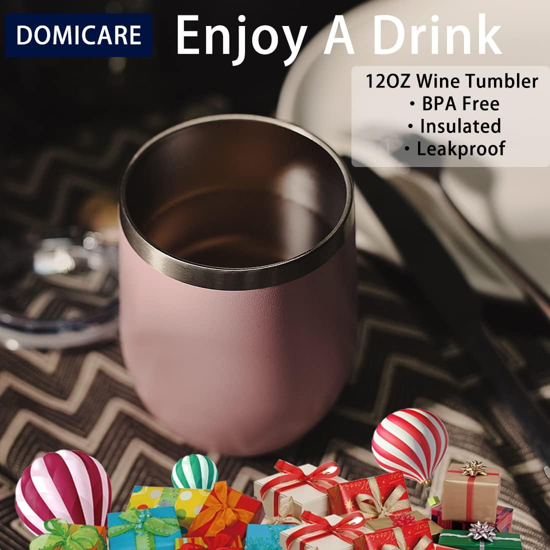 DOMICARE Stainless Steel Wine Tumbler Bulk with Lid, Personalized Insulated Tumblers Set, 12oz Travel Coffee Cups Pack of 8, Pink