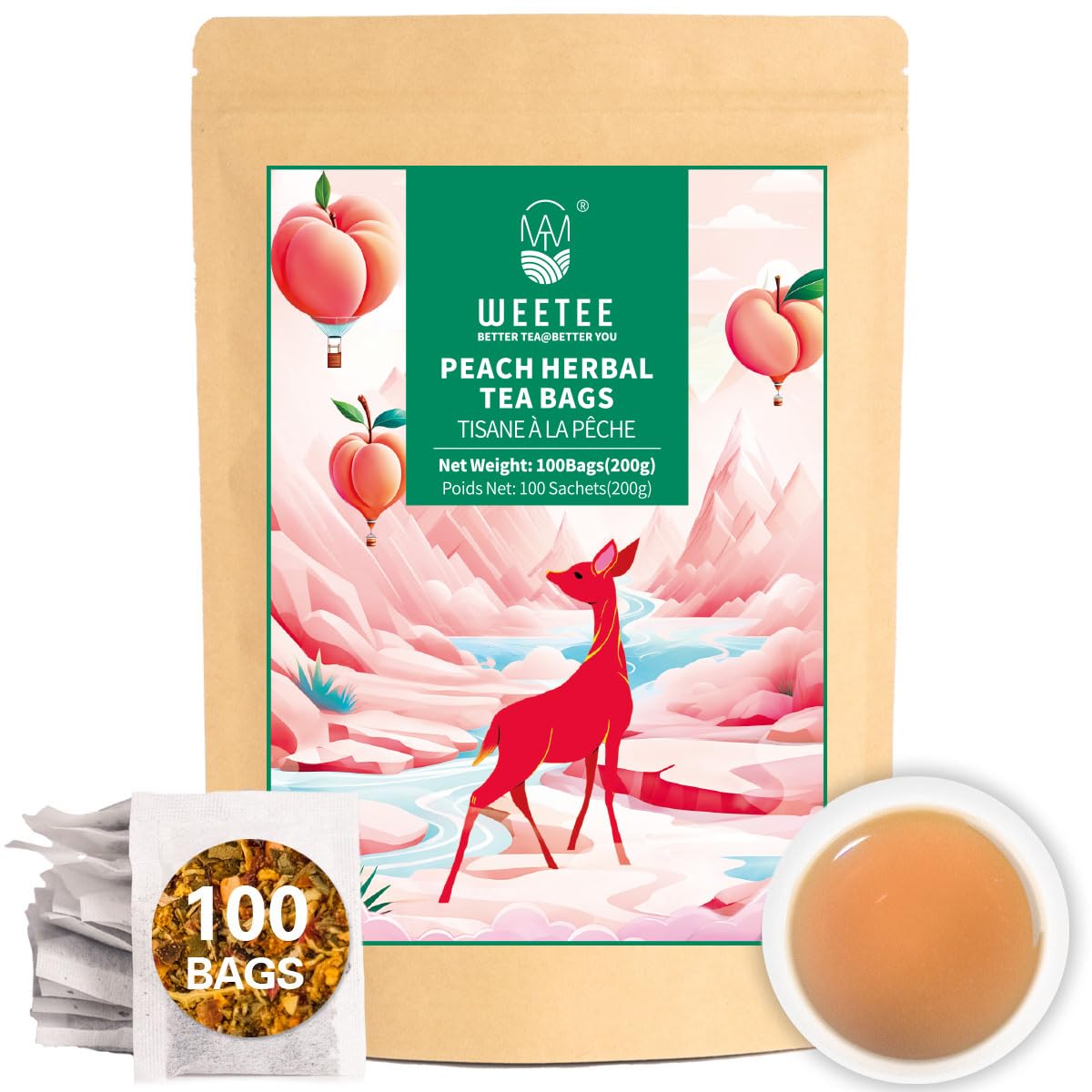 WT WEETEE Peach Herbal Tea Bags, Caffeine Free Tea Made with Rose Hip, Orange Peel, Hawthorn, Chamomile, Hibiscus & More, 100 Counts Peach and Herbs Good for Iced