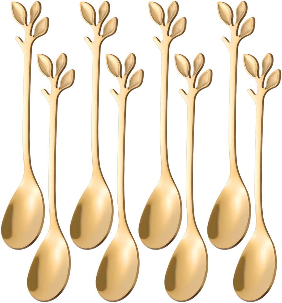 AnSaw 8-Pack Elegant Gold Leaf 4.7" Espresso Spoons - Stainless Steel, Perfect for Coffee, Demitasse, Dessert & Tea, Mini Size for Small Servings