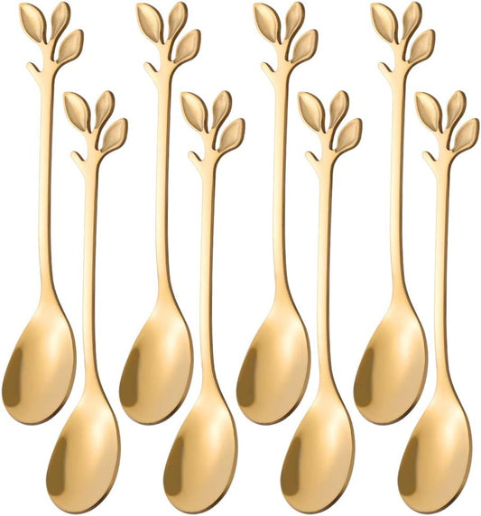 AnSaw 8-Pack Elegant Gold Leaf 4.7" Espresso Spoons - Stainless Steel, Perfect for Coffee, Demitasse, Dessert & Tea, Mini Size for Small Servings