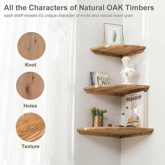 Corner Shelf, 16inch Natural Oak Solid Wood Floating Corner Shelves Wall Mount - Image 6