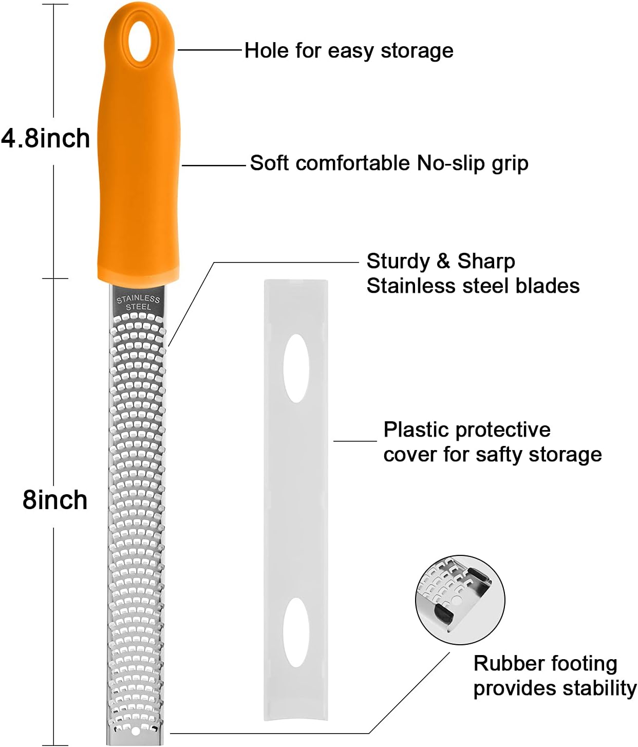 Lemon Zester, Stainless Steel Kitchen Cheese Grater, Plastic Cover Ergonomic Soft Orange Handle