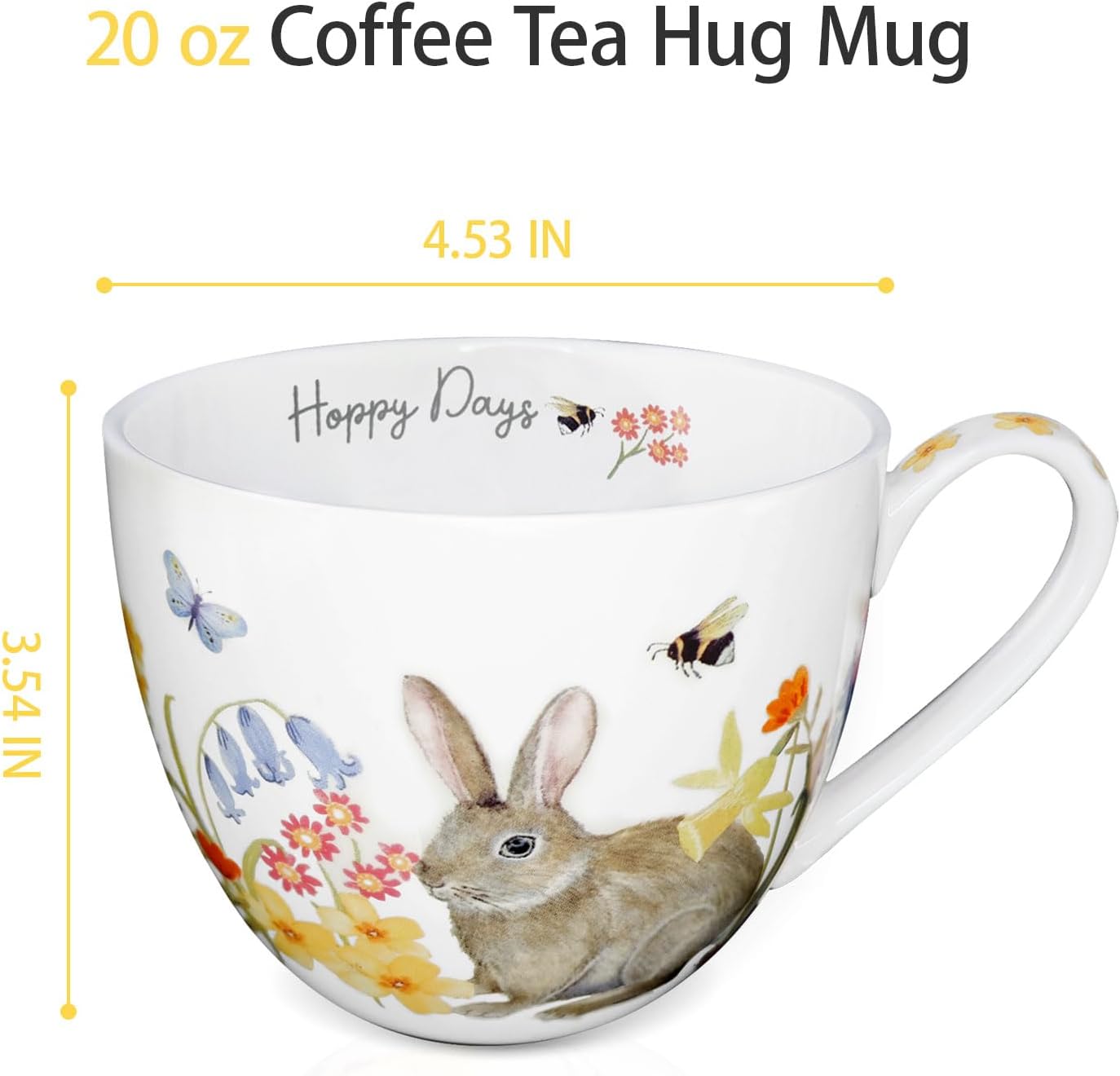 20 oz Rabbit Coffee Hug Mug, Spring Flowers & "Happy Days" Slogan, Premium Bone China Cute Bunny Mug, Perfect Holiday and Birthday Gift for Women, Designed in England by Harvest Green Studio