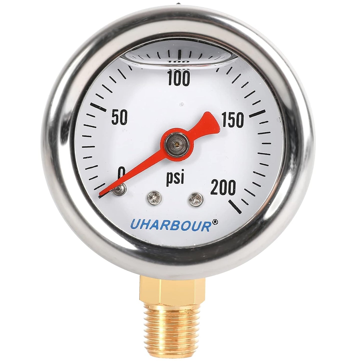 Glycerin Filled Pressure Gauge with 304 Stainless Steel Case, 1-1/2" Dial Size, 0-200Psi, High Accuracy, 1/8" NPT Center Lower Mount with Single Scale (psi).