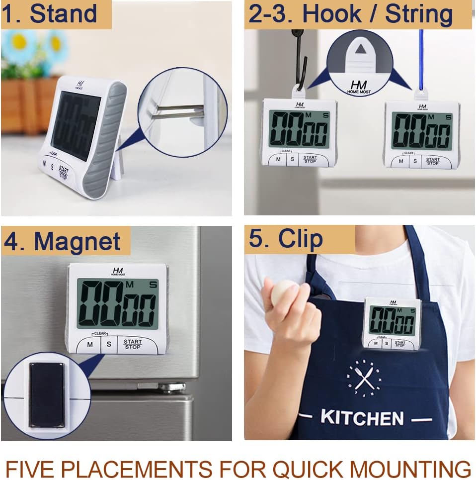 3" Large Display Kitchen Timer - Digital Timer Magnetic Back Loud Alarm On A Rope- White Cooking Timers For Kitchen Teachers Students Games Kids Meetings- Sports Timers For Workouts Exercise