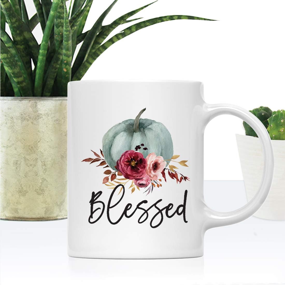 Andaz Press Fall Burgundy Marsala 11oz. Ceramic Coffee Tea Mug, Blessed, 1-Pack, Pumpkin Floral Graphic, Birthday, Friend, Family, Coworker, Autumn Season, Festive Thanksgiving Ideas