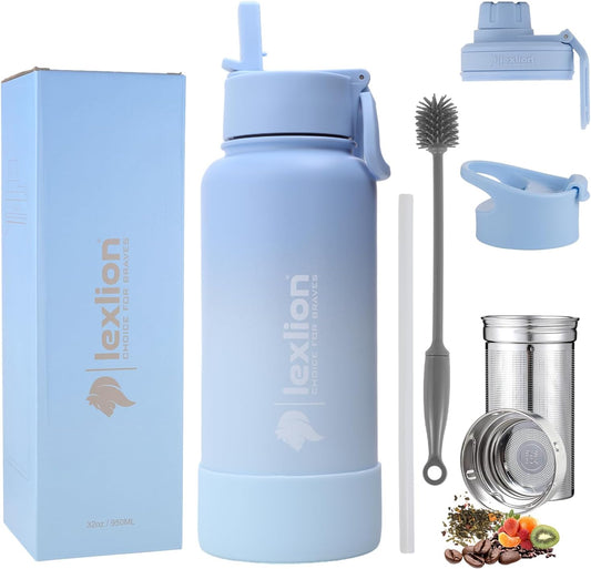 Lexlion 32 Oz Triple Walled Insulated Stainless Steel Fruit Infuser Bottle - Tea Infuser Water Bottle with 3 Lids, Silicone Sleeve, Leakproof, Metal Mug Gallon