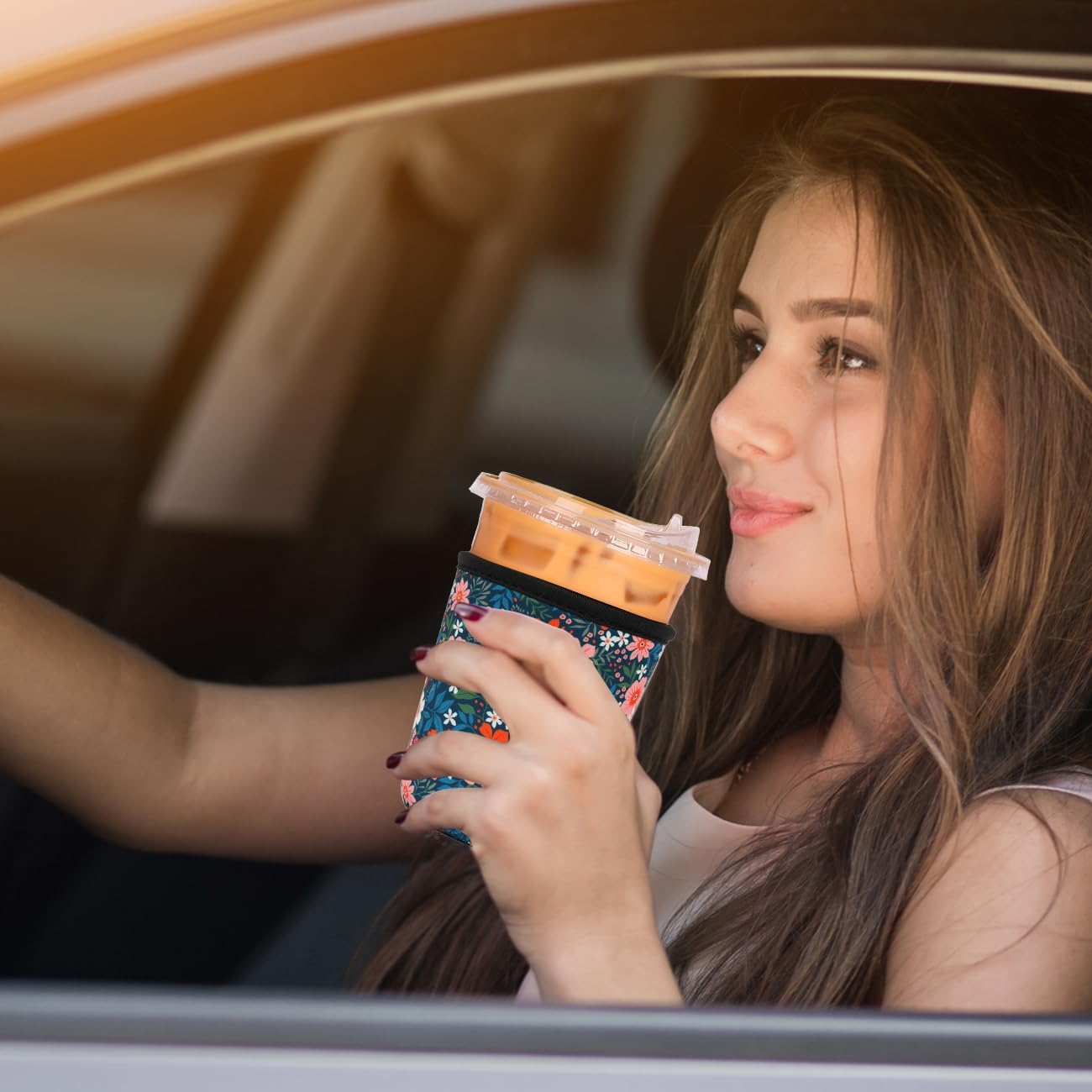 Reusable 3-Pack Iced Coffee Cup Sleeve, Insulated Neoprene, Beverage Holder for Iced Coffee, Durable Drink Sleeve for Cold Beverages, Bloom Garden