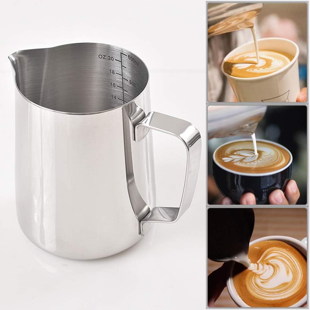 homEdge Espresso Steaming Pitchers 20 OZ / 600ml, Stainless Steel Frothing Pitcher with Measurement Scale