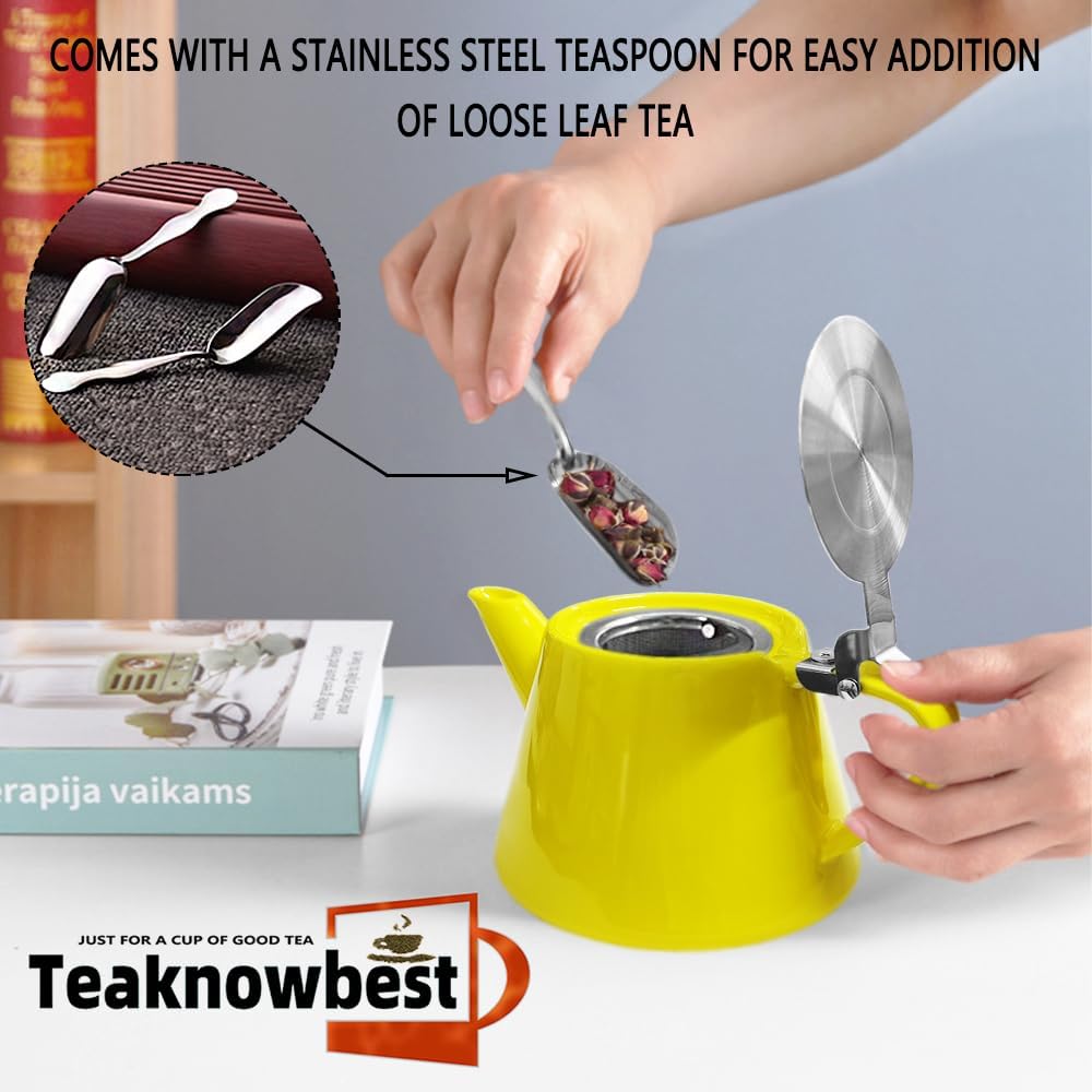 Ceramic teapot, 19oz Tea pot for loose leaf tea, Tea infuser pot with Removable 18/8 Stainless Steel Infuser and teaspoon, Suitable for 1-2 people to brew tea or coffee (yellow)
