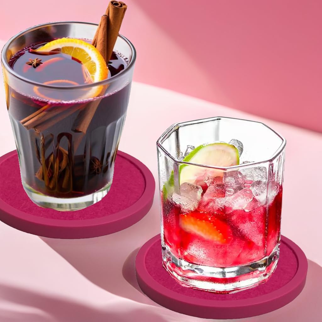Absorbent Coasters for Drinks with Holder - 6packs, Silicone Coaster with Soft Felt Insert (4.3 inch Coasters with 4.5 inch Holder, Pink)