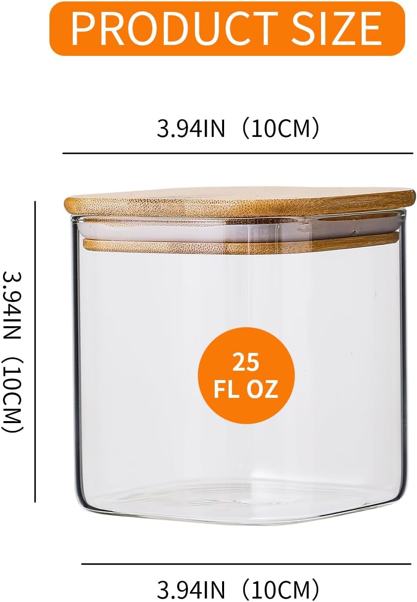 Glass Food Storage Containers with Lids 4 Pack, 4 Inch Wide Mouth 25 Oz High Borosilicate Glass Jars for Coffee Bean, Candy, Cookie, Flour, Square