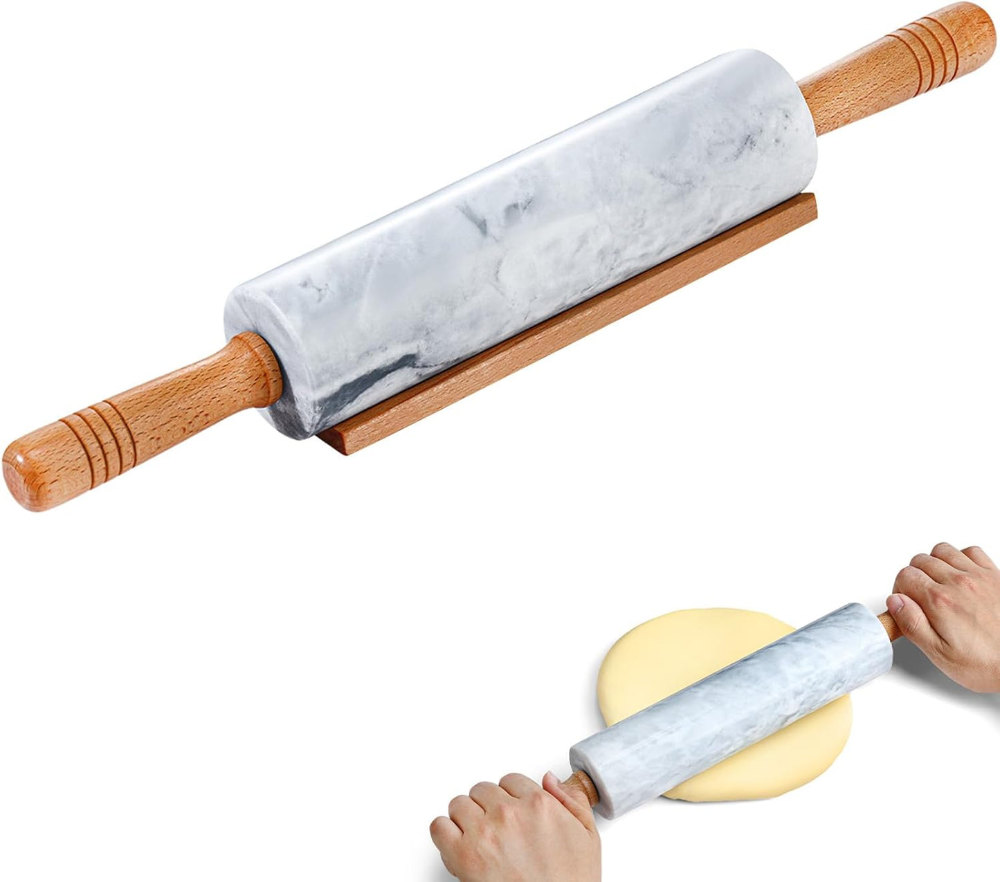 Marble Rolling Pin - 18.9" Marble Rolling Pins for Baking, Pastry, Pizza Dough & More - Polished Non-Stick Surface, Long Dough Roller with Wooden Handles & Base