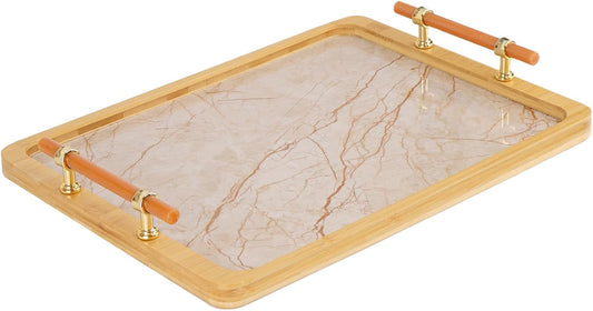 JUPELI 16" x 12" Bamboo Serving Tray with Handles – Marble Pattern Decorative Rectangle Tray for Coffee Table, Kitchen, Vanity, Bathroom, or Ottoman – Perfect for Bread Food Fruit Display & Storage