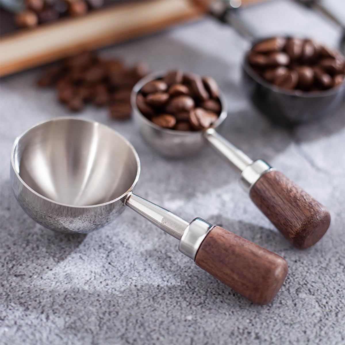 2 PCS Coffee Scoop Vintage Coffee Measuring Spoon Stainless Steel Coffee Spoon With Nature Walnut wood Handle Long Wooden Handle Coffee Scoop Kitchen Utensil Loose Tea Spoon Perfect for Coffee Tea