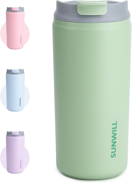 SUNWILL Insulated Coffee Mug with Lid, Leak Proof Tumbler Stainless Steel, 12 oz Travel Cup for Office, Home, Powder Coated Matcha