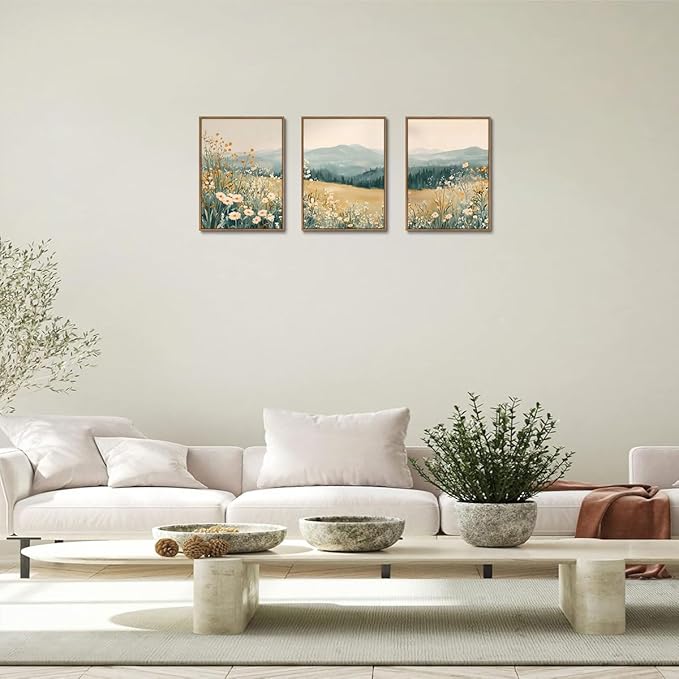 KISSFOX 3 Piece Framed Wildflower Wall Art Floral Wall Decor Landscape Flower - Image 3