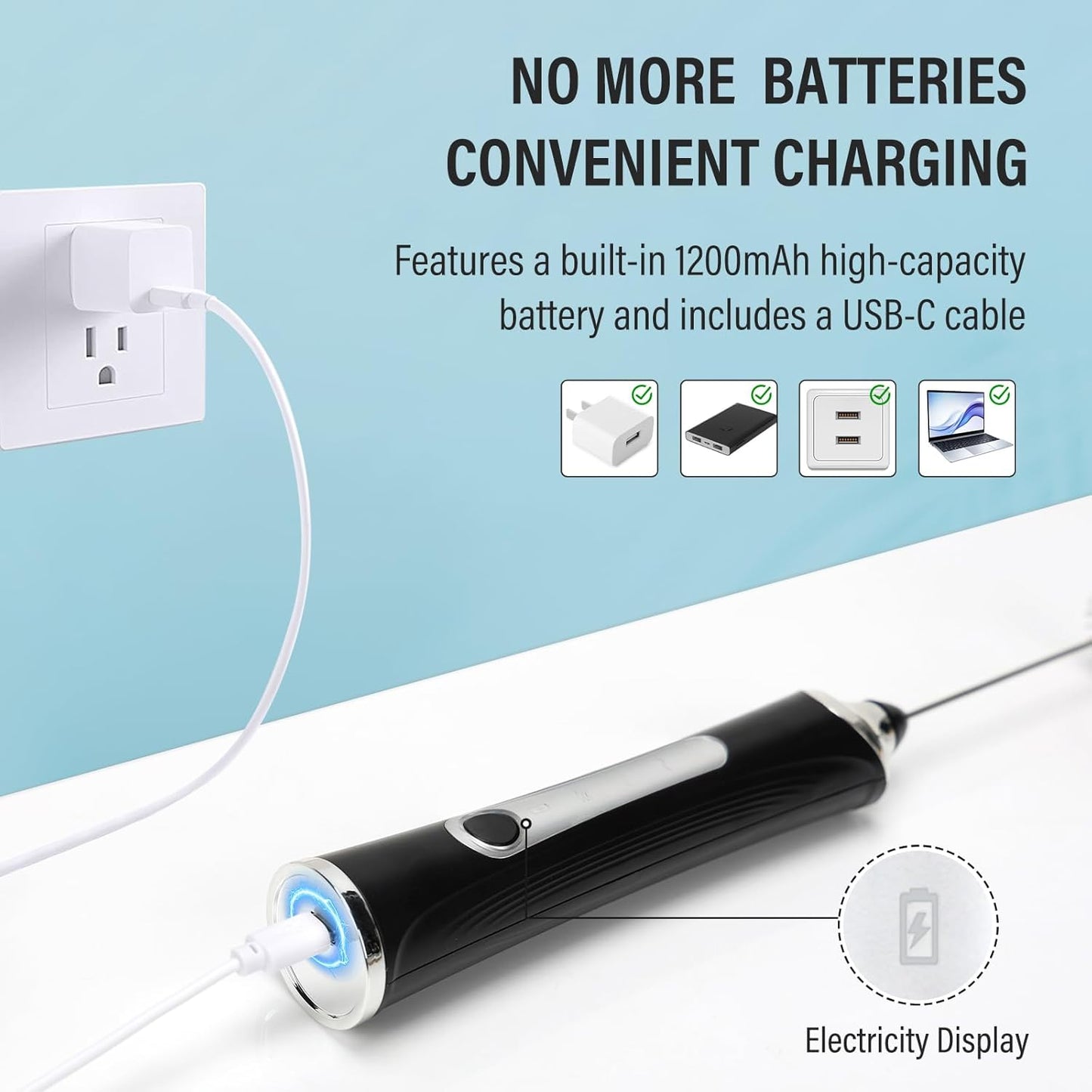 Rechargeable Milk Frother with Stand - 3 Speed Adjustable Electric Whisk, 3 Detachable Stainless Steel Heads for Latte, Cappuccino, Matcha, Egg(Black)