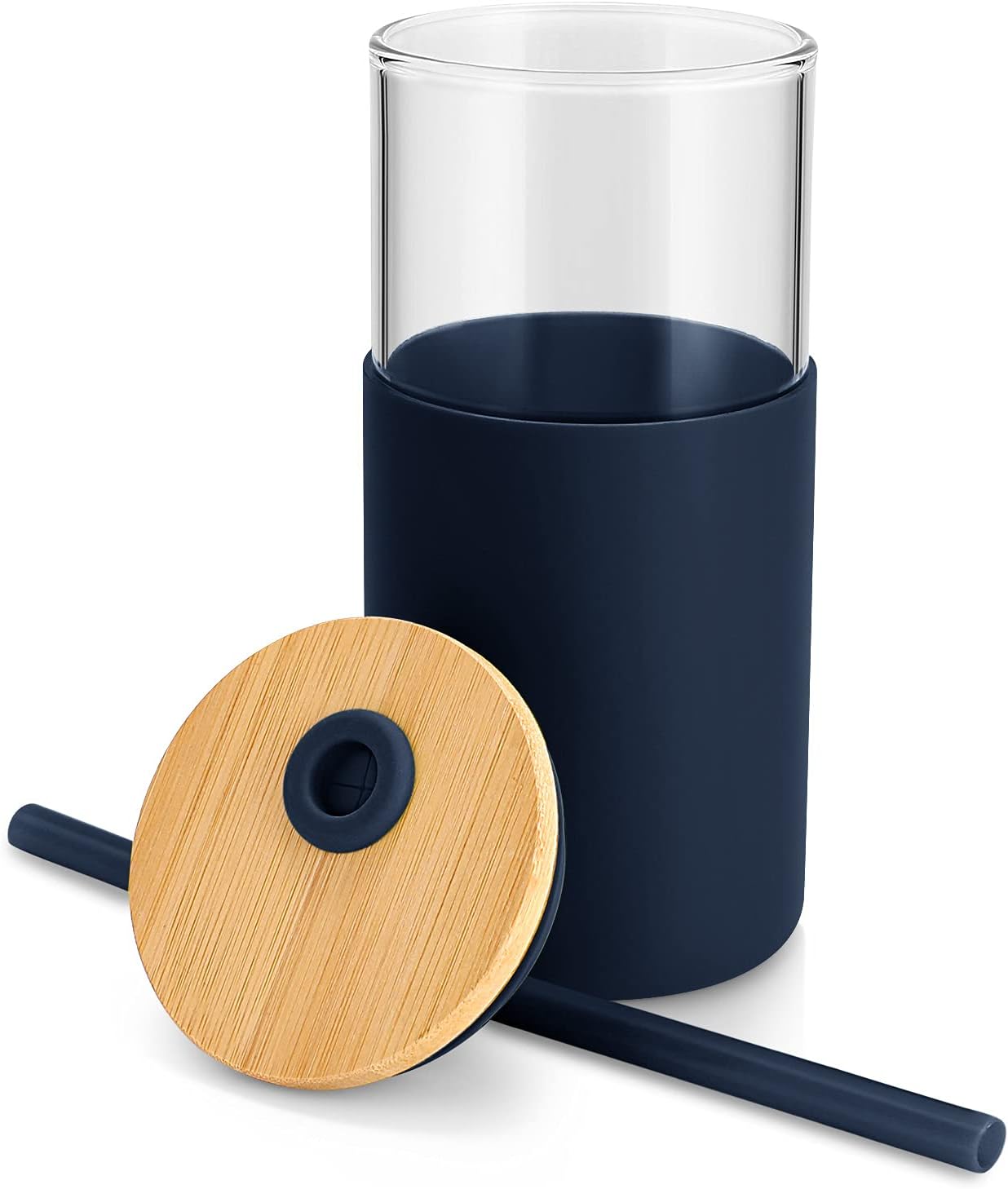 Tronco 16 oz Glass Tumbler with Straw and Bamboo Lid, Iced Coffee Cup Reusable, Smoothie Cups, Tumbler with Silicone Protective Sleeve - BPA Free