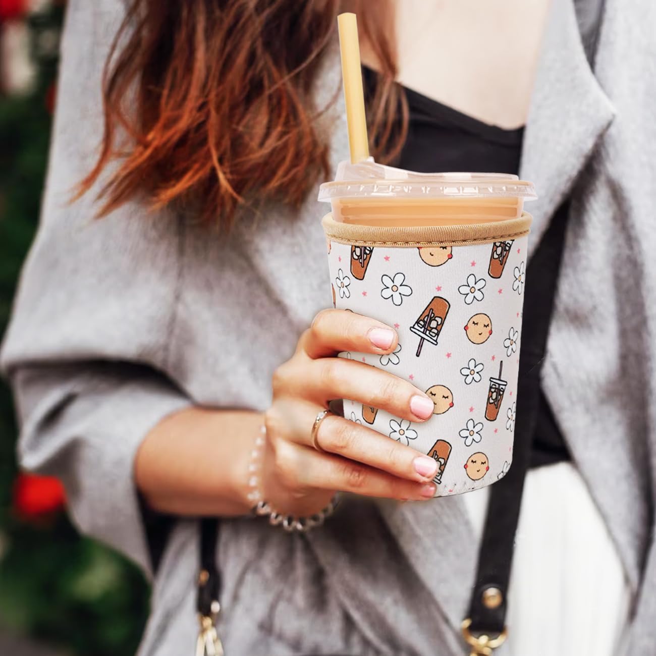 Reusable Insulated Neoprene Iced Coffee Cup Sleeve, Durable Drink Sleeve for Cold Beverages, Beverage Holder for Iced Coffee, Beige Coffee