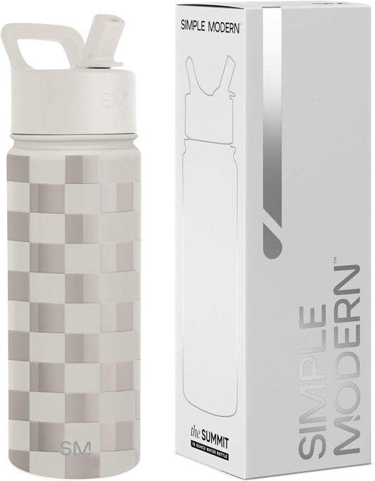 Simple Modern Kids Water Bottle with Straw Lid Vacuum Insulated Stainless Steel Metal Thermos Bottles | Reusable Leak Proof BPA-Free Flask for School | Summit Collection | 18oz, Checkmate
