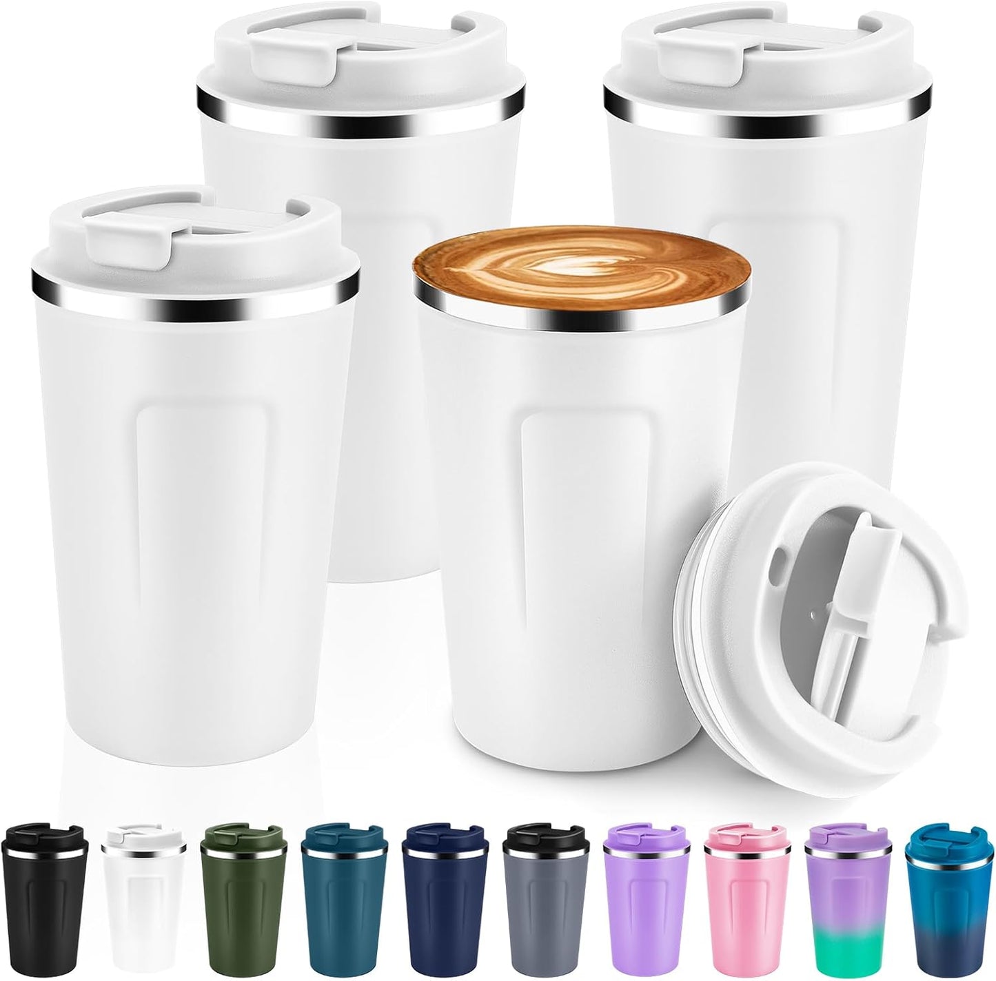 Volhoply 12 oz Double Wall Insulated Vacuum Travel Coffee Mug with Flip Lid Bulk 4 Pack,Reusable Stainless Steel Leak Proof Coffee Cups,Portable Cafe Thermal Tumbler for Hot & Cold Drinks(White,4 Set)