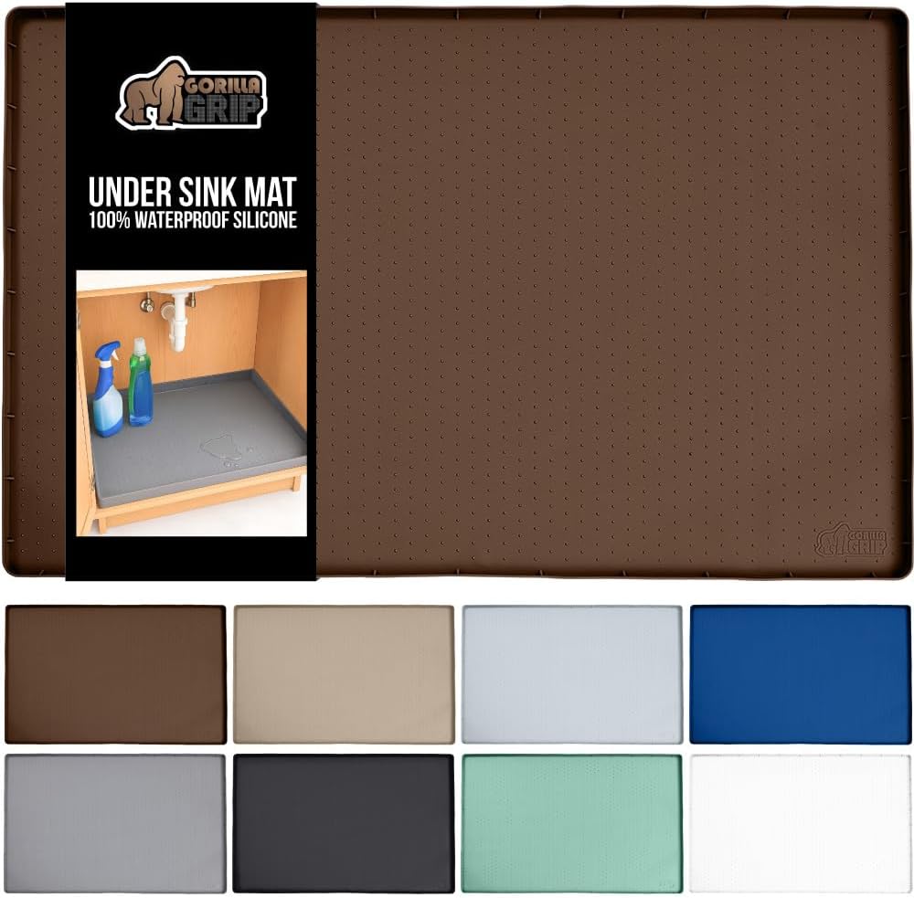 GORILLA GRIP Waterproof Silicone Under Sink Mat with Raised Lip for Kitchen and Bathroom, Cabinet Shelf Liner Stay in Place Mats Dishwasher Safe Drawer Liner, Organizer Tray, 19 x 34 in, Coffee