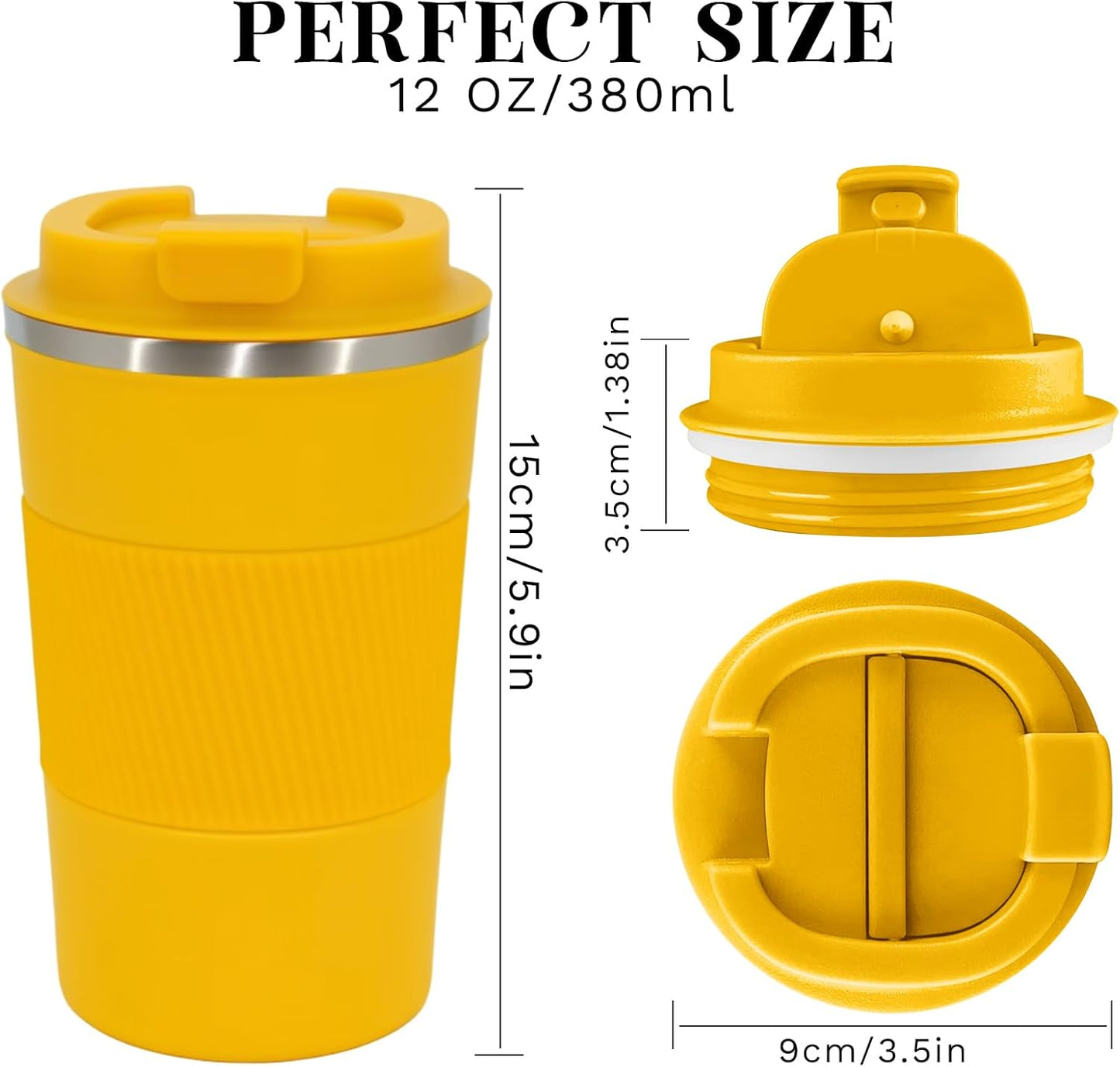 YINBAOGE Insulated Travel Coffee Mug, Spill & Leak Proof, Portable To Go Camping Stainless Steel Coffee Tumbler, Reusable Thermal Coffee Cup with Lid for Hot & Cold Drinks (Yellow, 12 OZ)