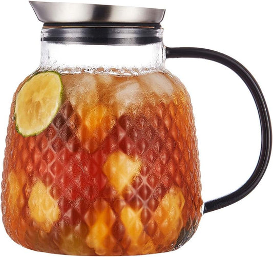 Purefold 40 ounces “Pineapple Series” Glass Pitcher with Stainless Steel Lid, Hot/Cold Water jug for Coffee, Lemonade, Iced Sun Tea,Beverage, Milk