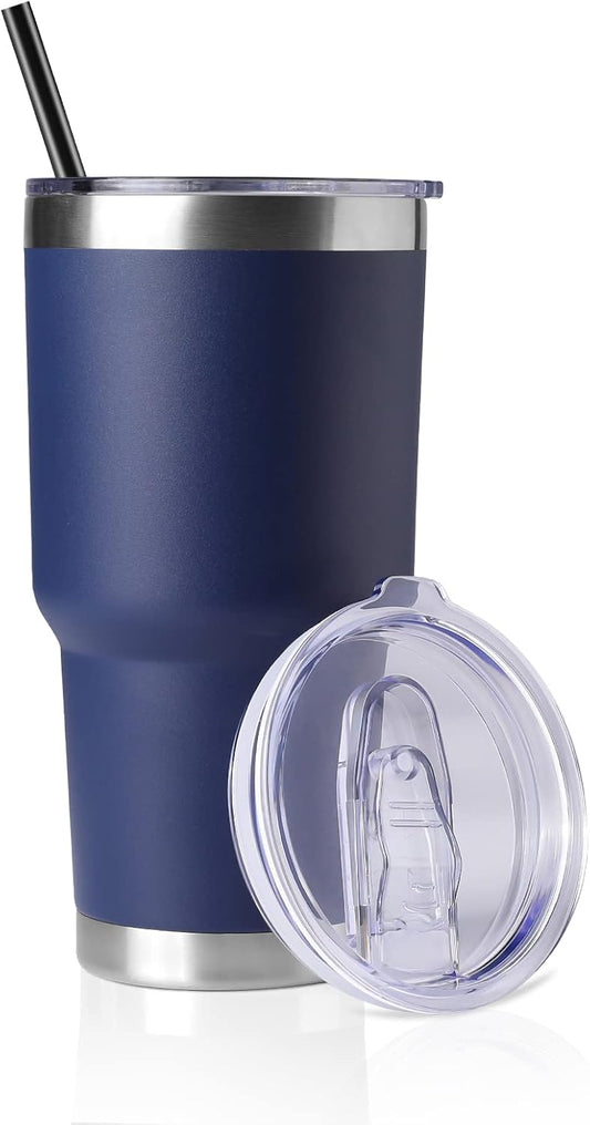 DOMICARE 30 oz Tumbler with Lid and Straw, Stainless Steel Tumblers Bulk, Insulated Vacuum Double Wall Travel Coffee Mug, Durable Powder Coated Tumbler Cup (Navy, 1)