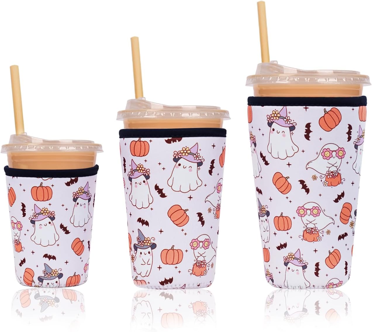 Reusable Insulated Neoprene Iced Coffee Cup Sleeve, Halloween Ghost for Boo Basket Stuffers, Durable Drink Sleeve for Cold Beverages, Beverage Holder for Iced Coffee, Halloween Spooky