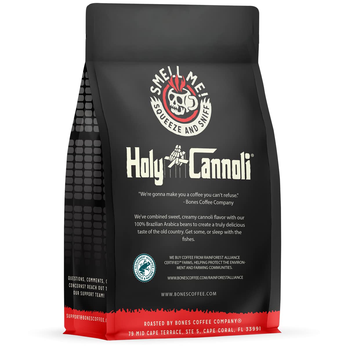 Bones Coffee Company Holy Cannoli, Baked Cannoli Flavored Coffee, Medium Roast Low Acid Arabica Beans Compatible with Auto drip and French Press Coffee Maker, 12 Oz Ground