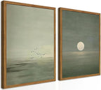 Framed Sage Green Japanese Canvas Wall Art Set of 2, Minimalist Moon and Birds by Hwetui