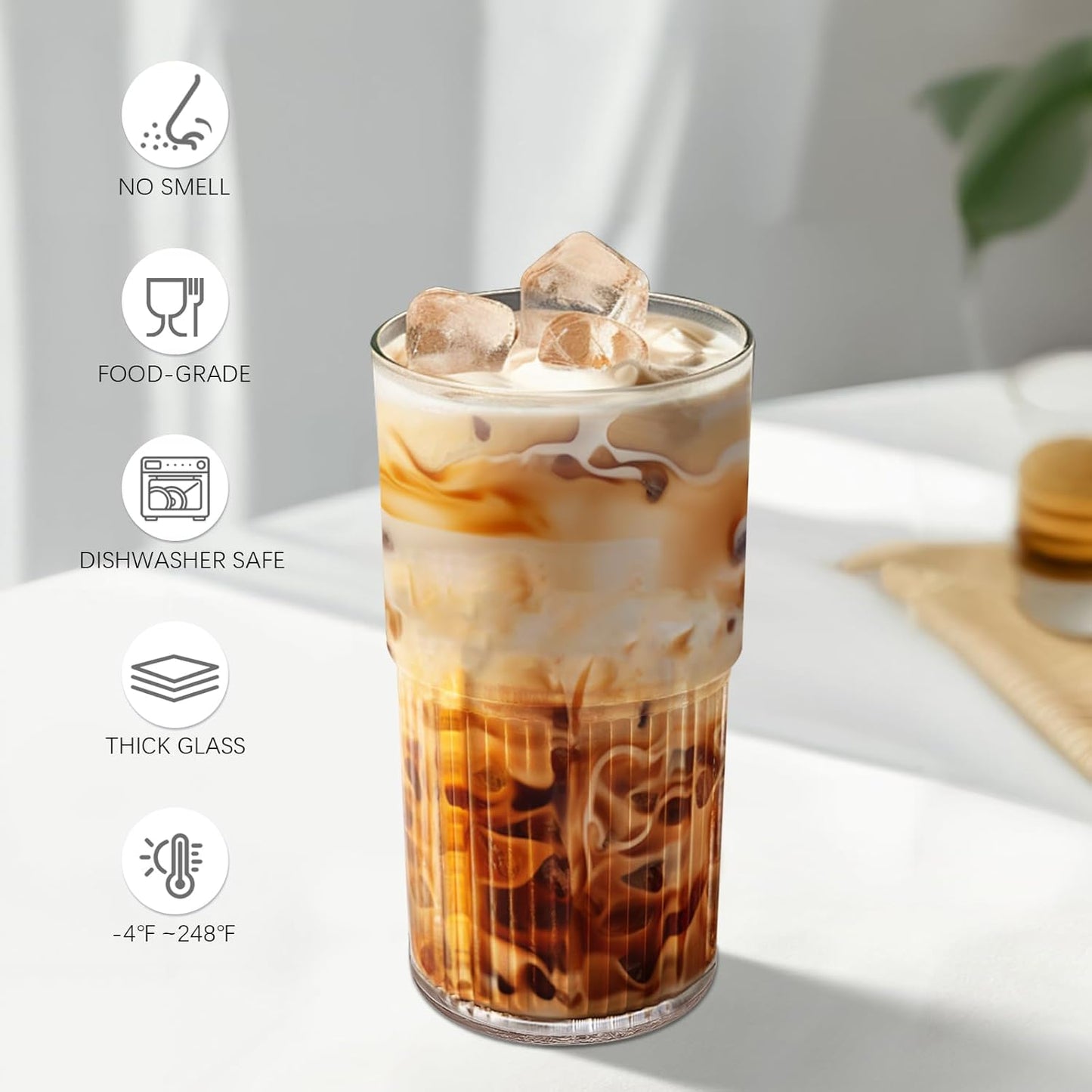18.5oz Glass Cups with Lids and Straws – Single Reusable Tumbler, Thickened Shatter-Resistant Glass, Ideal for Iced Coffee, Smoothies, Cocktails, Juices – Elegant & Durable Drinkware