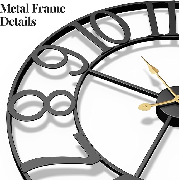 Cuspin 16 Inch Large Wall Clock, Modern Black Metal Clock - Image 3