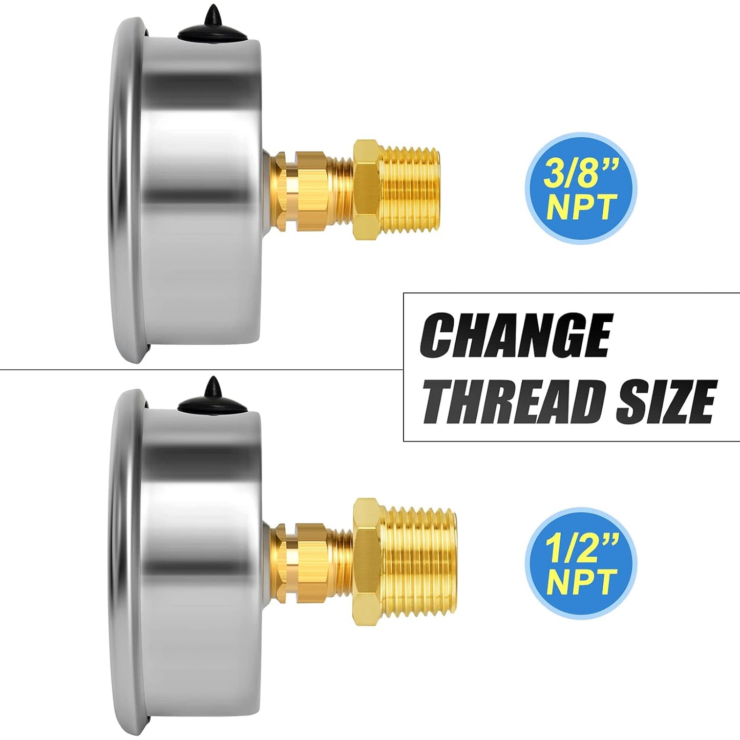 MEANLIN MEASURE 0~40Psi Stainless Steel 1/4" NPT 2.5" FACE DIAL Liquid Filled Pressure Gauge WOG Water Oil Air,Cencter Back Mount, with 1/4" x 1/2" NPT and 1/4" x 3/8" NPT Hex Bushing