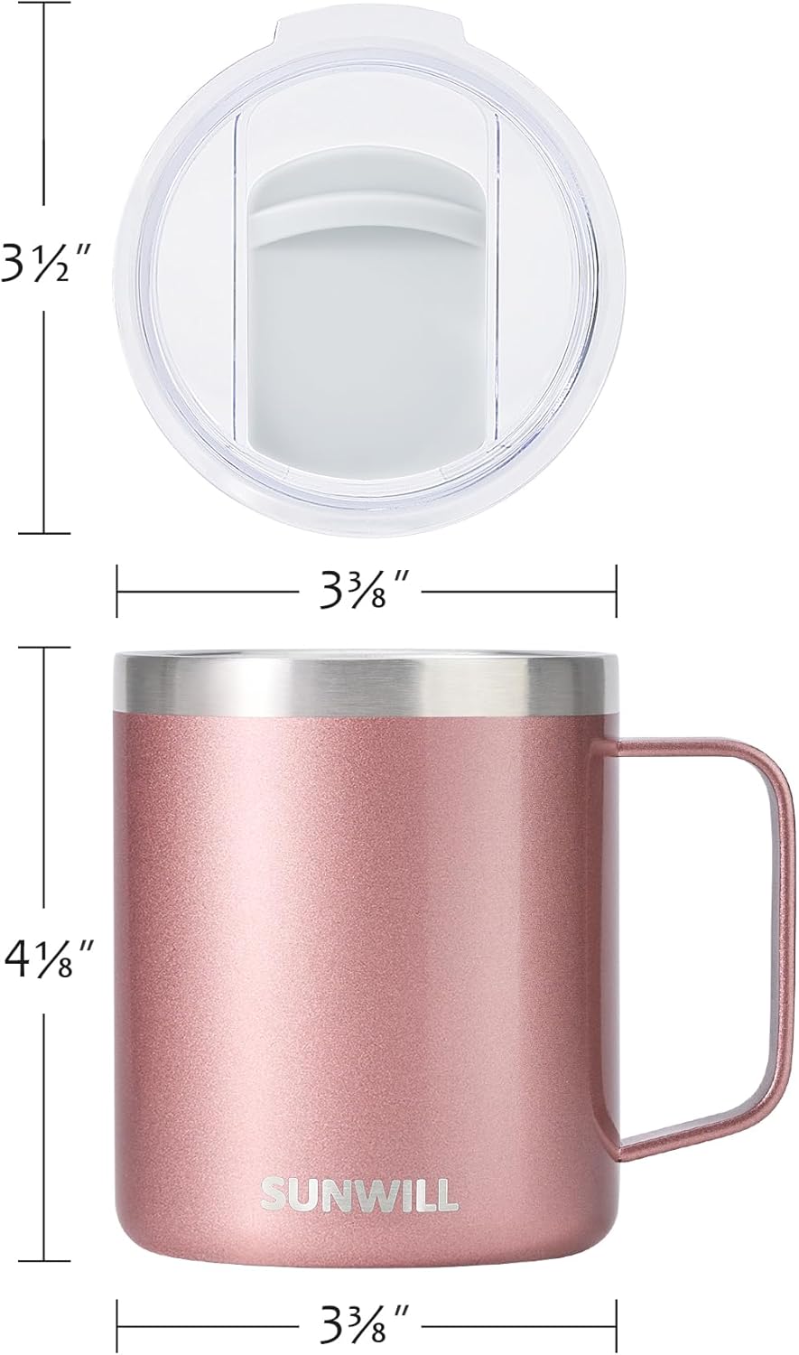 SUNWILL Travel Coffee Mug with Lid, Insulated Tumbler with Handle, 14 oz Stainless Steel Cup Set of 2 for Camping, Outdoor, Cool Grey & Rose Gold 2 Pack