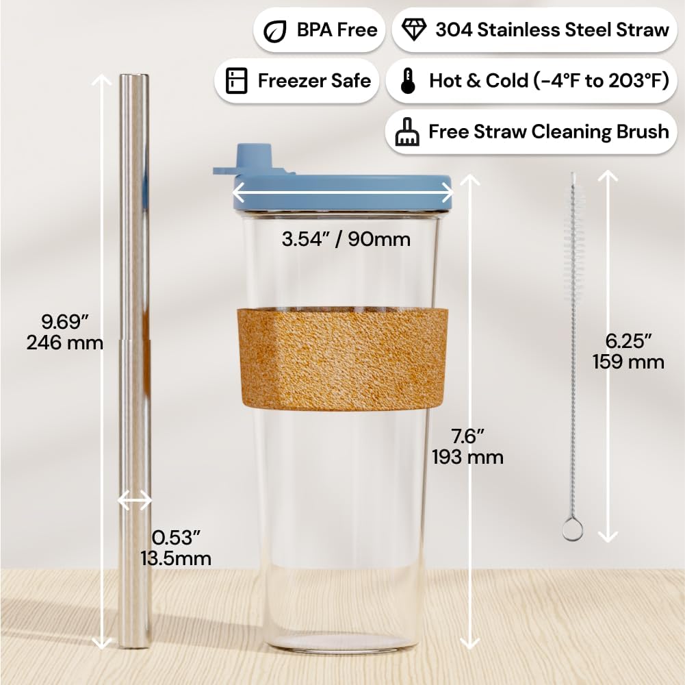 Dodoko Reusable 24 oz Bubble Tea Cup with Lid and Straw - Iced Coffee Cup - Smoothie Tumbler to Go - Breeze Blue