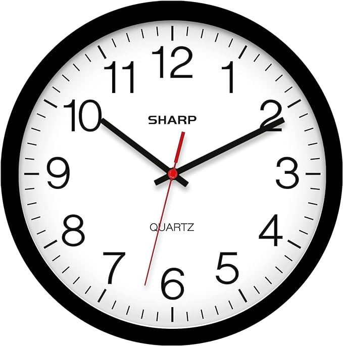 Sharp Wall Clock – Black, Silent Non Ticking 14 Inch Quality Quartz Battery by SHARP