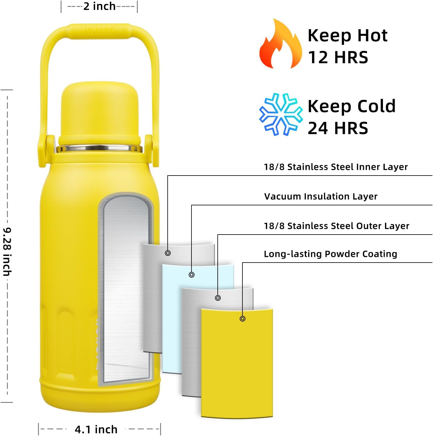 BJPKPK Insulated Thermos 40oz Disherwasher Safe Water Bottle with Handle and Lid Stainless Steel Water Bottles For Cold and Hot Beverages,Yellow