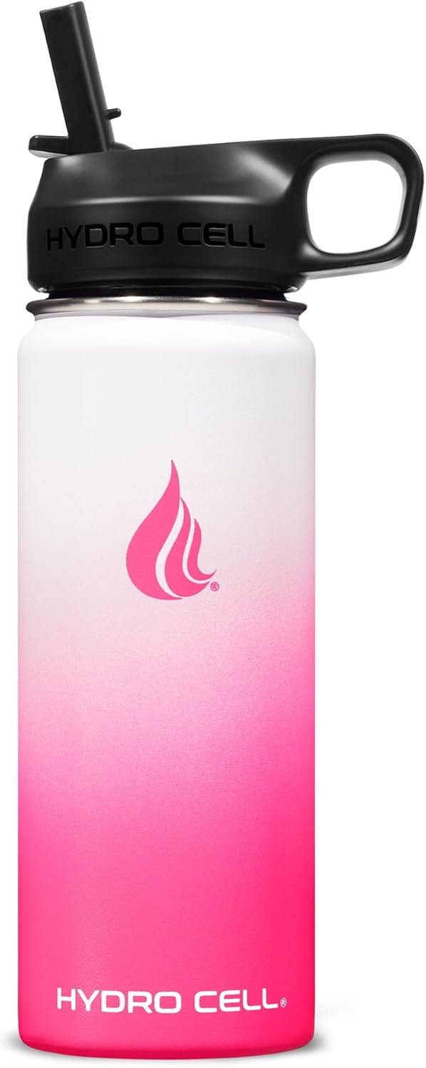 HYDRO CELL Stainless Steel Insulated Water Bottle with Straw - For Cold & Hot Drinks - Metal Vacuum Flask with Screw Cap and Modern Leakproof Sport Thermos for Adults (White/Pink 18oz)