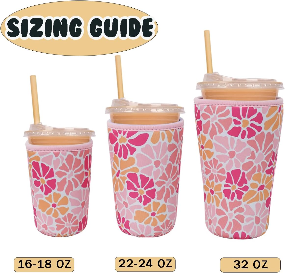 Reusable Insulated Neoprene Iced Coffee Cup Sleeve, Durable Drink Sleeve for Cold Beverages, Beverage Holder for Iced Coffee, Blush Petals