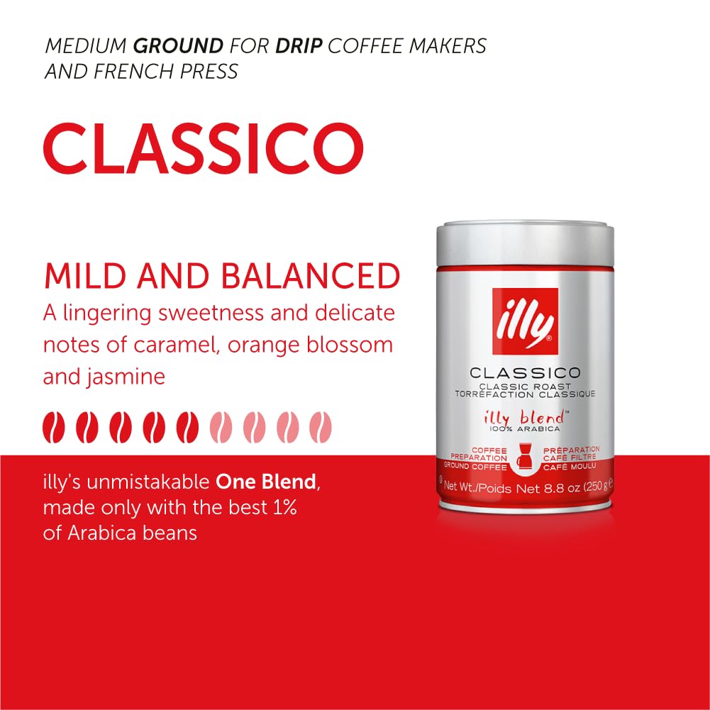 illy Drip Coffee - Ground Coffee - 100% Arabica Ground Coffee – Classico Medium Roast - Notes of Caramel, Orange Blossom & Jasmine - No Preservatives – Mild & Balanced – 4.4 Ounce