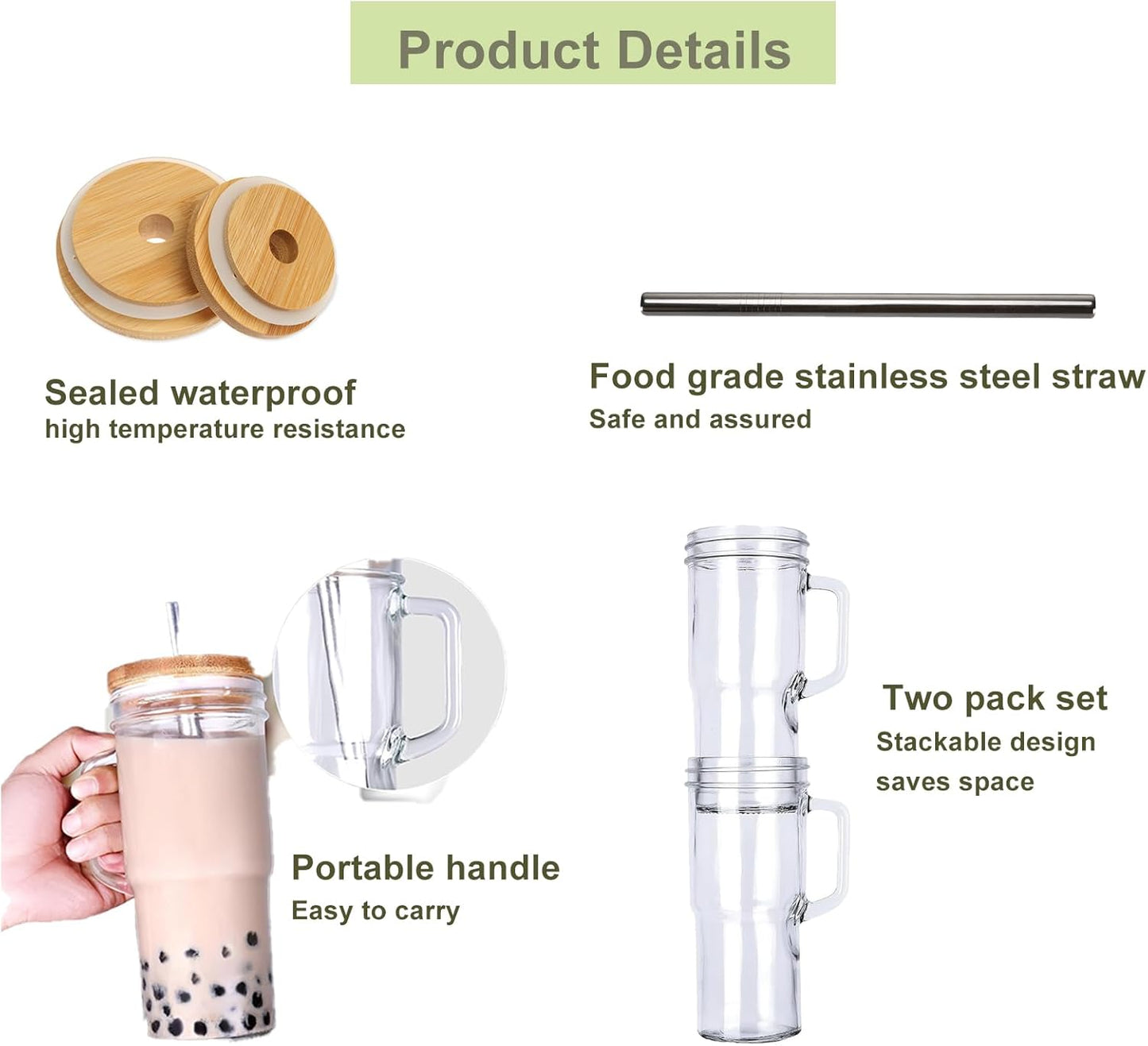 24oz Mason Jar Cups with Handle, Clear Glass Tumbler with Bamboo Lid and Straw, 2 Pack Glass Iced Coffee Cup with Lids, Cold Drinking Glasses for Iced Coffee, Juice, Bubble Tea,cola