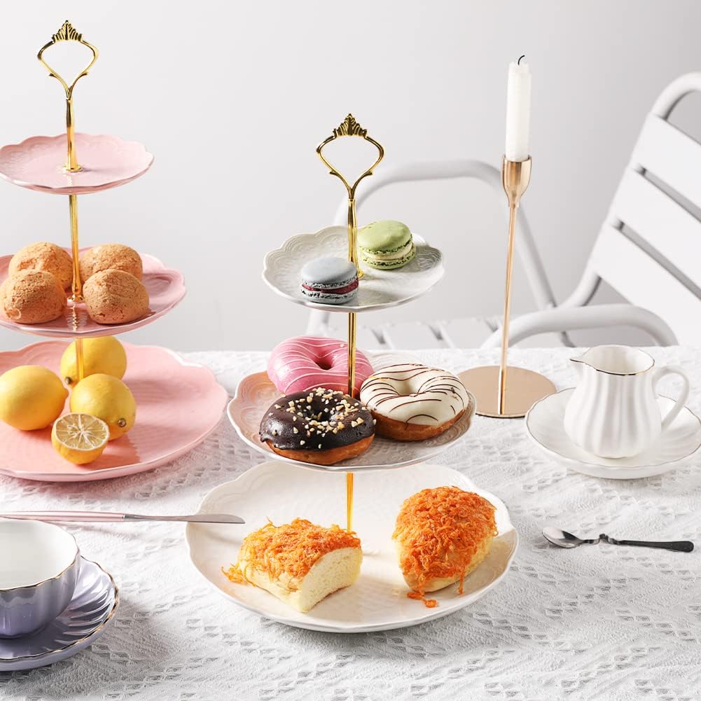 Sweejar 3 Tier Ceramic Cake Stand Wedding, Dessert Cupcake Stand for Tea Party Serving Platter(Rose White)