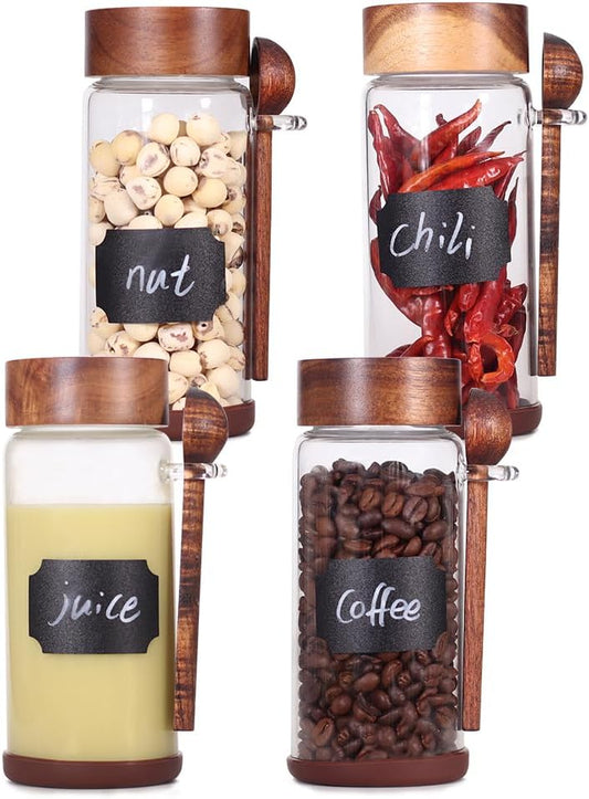 SAIOOL High Bprosilicate Glass 4 Pack Spice Jars with Label and Spoons,Overnight Oats Containers with Acacia Airtight Lids,Glass Food Storage Jars, Coffee Bar (Acacia 11.5 OZ*4)