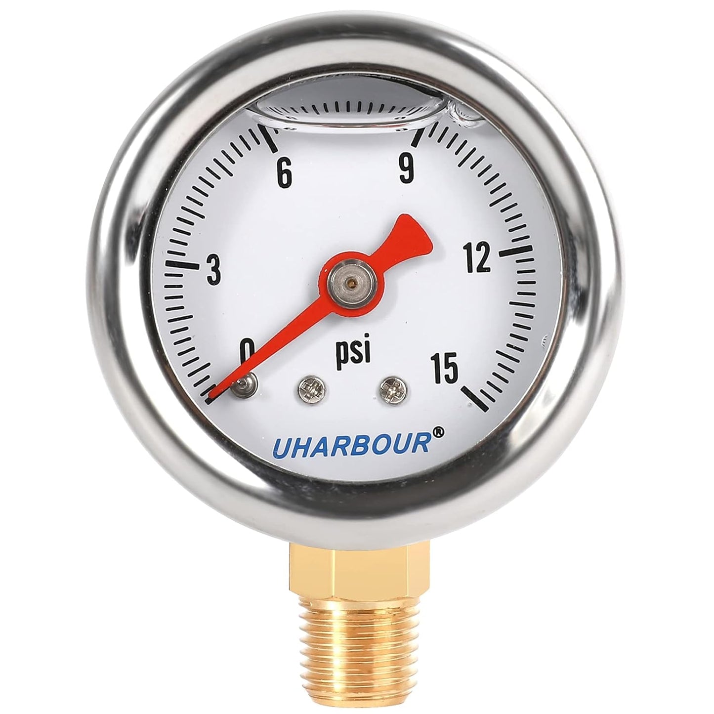 Glycerin Filled Pressure Gauge with 304 Stainless Steel Case, 1-1/2" Dial Size, 0-15Psi, High Accuracy, 1/8" NPT Center Lower Mount with Single Scale