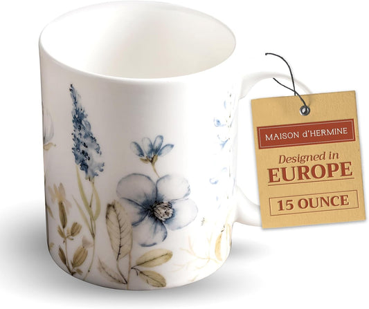 Maison d' Hermine Coffee Mug with Handles Fine Bone China Mugs Pack of One Tea Cups for Hot Beverages Cappuccino Latte Home Restaurant Office Perfect for Gift (Ice Florals - Forsty Morning, 15 Ounce)